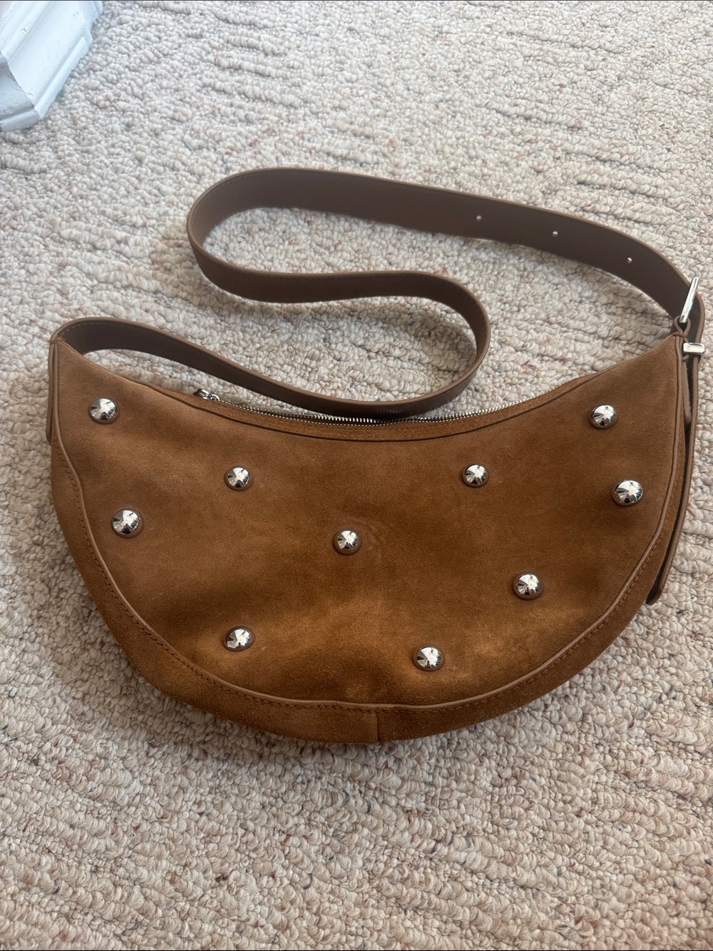 Madewell Tan Suede Crescent Shoulder Bag with Silver Studs